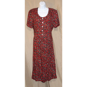 MSK Red Black Floral Maxi Dress Button Accent Pleated Sz: 12 Prairie Cottagecore